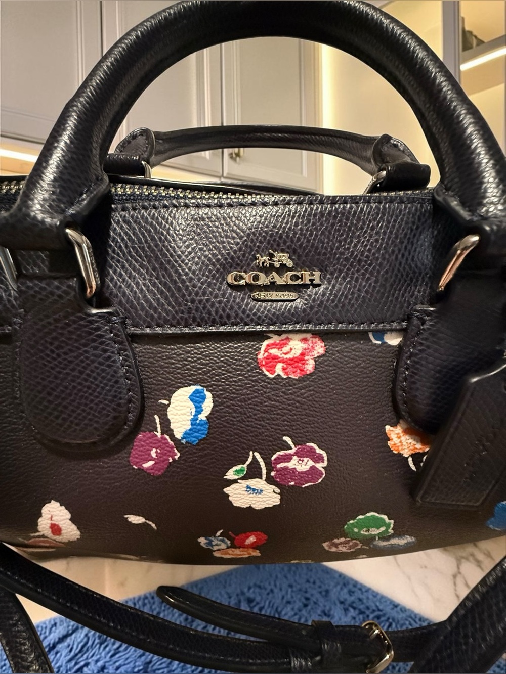 Coach Black Floral Print Leather Satchel with Multicolor Blossoms - Picture 5 of 15
